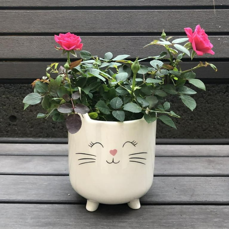 Glossy Ceramic Novelty Planter Cute Feline Shaped Flowerpot