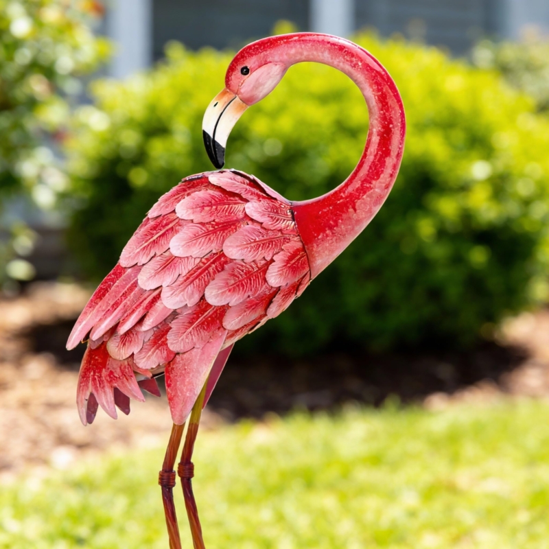 Glossy Metal Garden Statue Flamingo Silhouette Tropical Yard Art