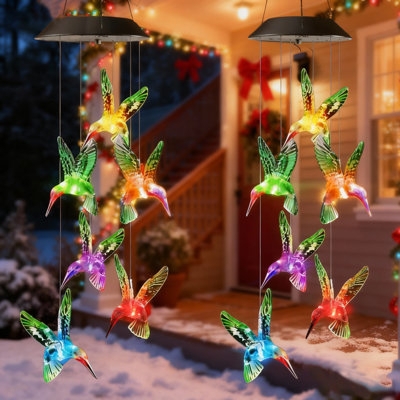 Glowing Hummingbirds Wind Chime with Multihued Solar LED Glow