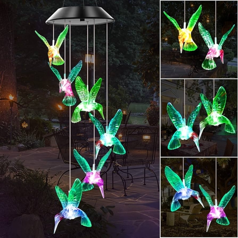 Glowing Hummingbirds Wind Chime with Solar Outdoor Accent