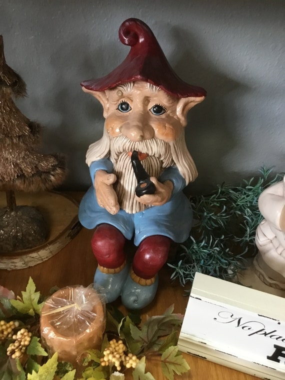 Gnome Statue Handcrafted Ceramic Forest Green Hat, Earthy Shelf Styling