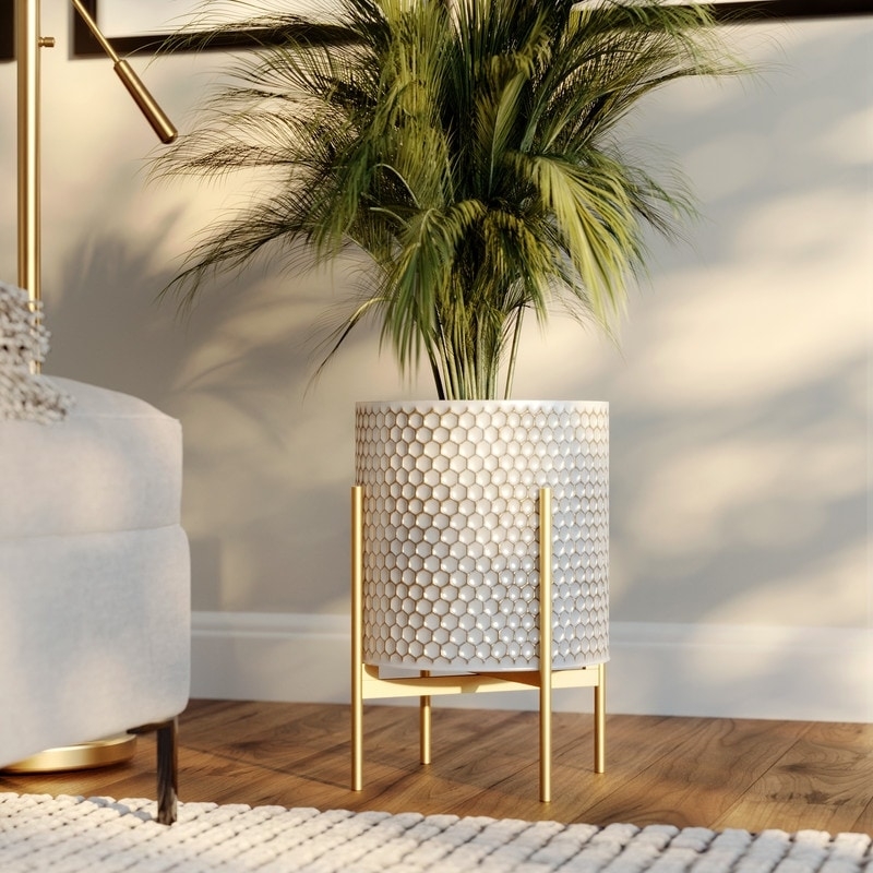Gold Honeycomb Floor Planter on Four-Leg Metal Stand
