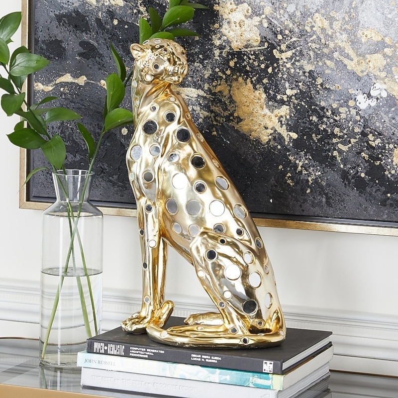 Gold Leopard Figurine Seated Mirrored Inlays Textured Decor