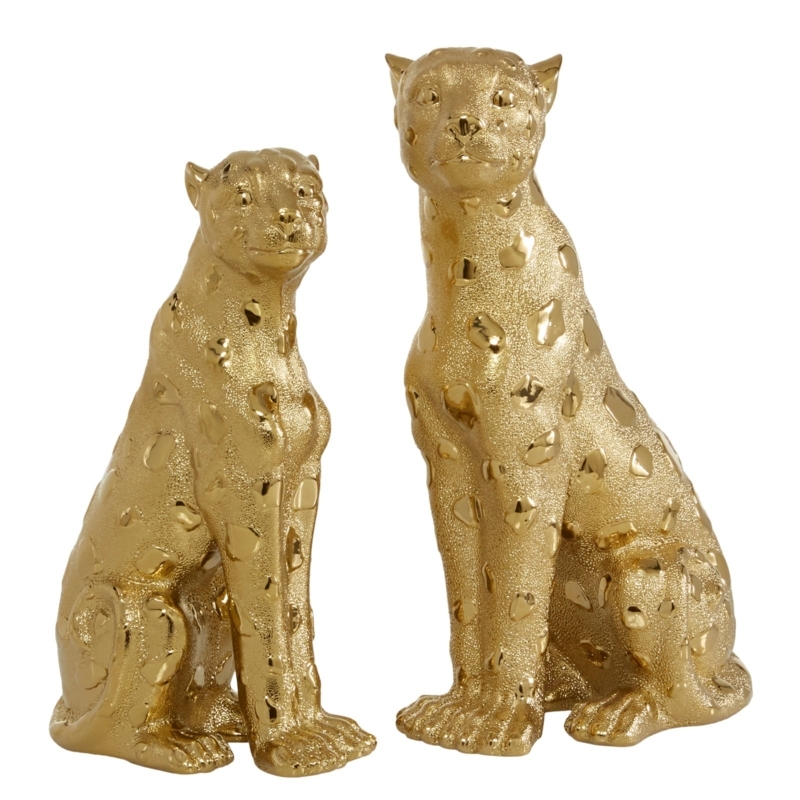 Gold Leopard Sculpture Set Sitting Stalking Poses Polished Finish
