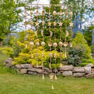 Gold Metal Wind Chimes Set with Assorted Celestial Shapes and Bells