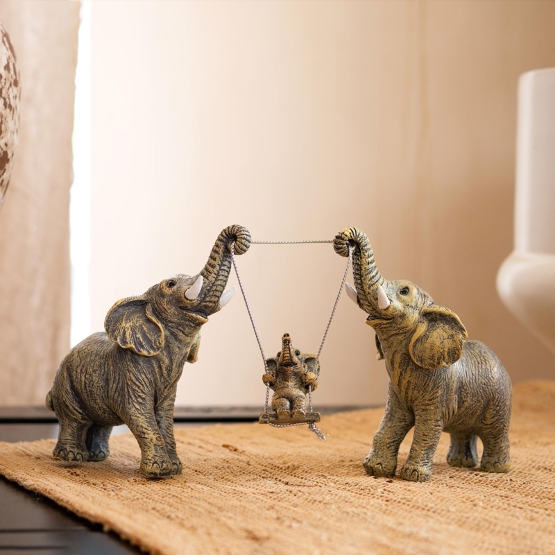 Gold Mosaic Elephant Figurine Set with Raised Trunks