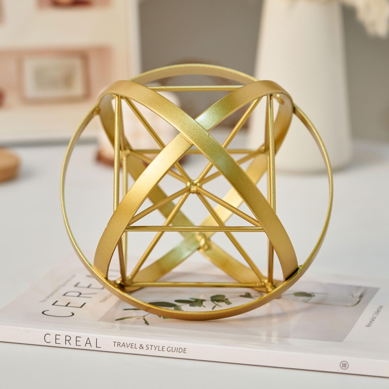 Gold Sphere Sculpture Polished Intersecting Bands Modern Tabletop Decor