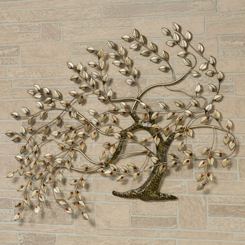 Gold Tree Metal Wall Art: Wind-Swept Silhouette, Polished Finish.