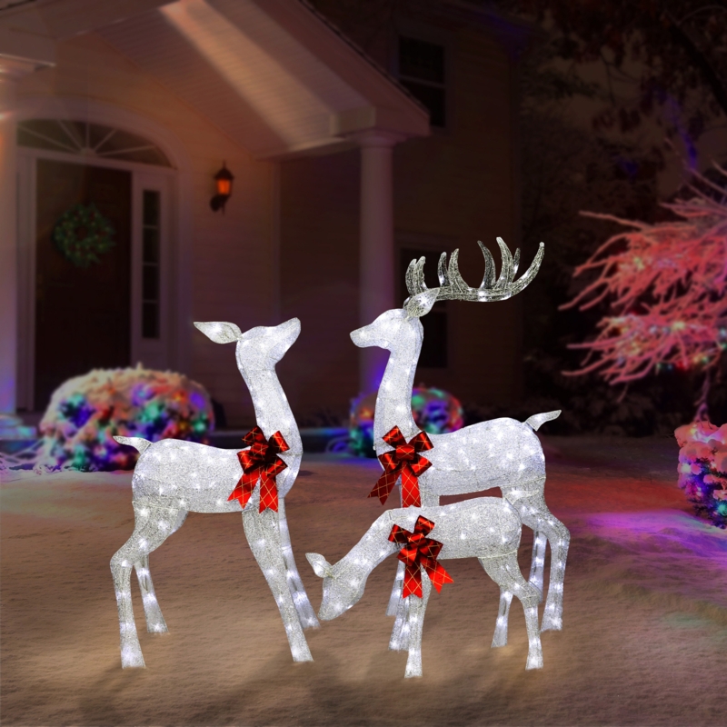 Golden Wire Frame Deer Family, Warm White LED Mesh Outdoor Decor.