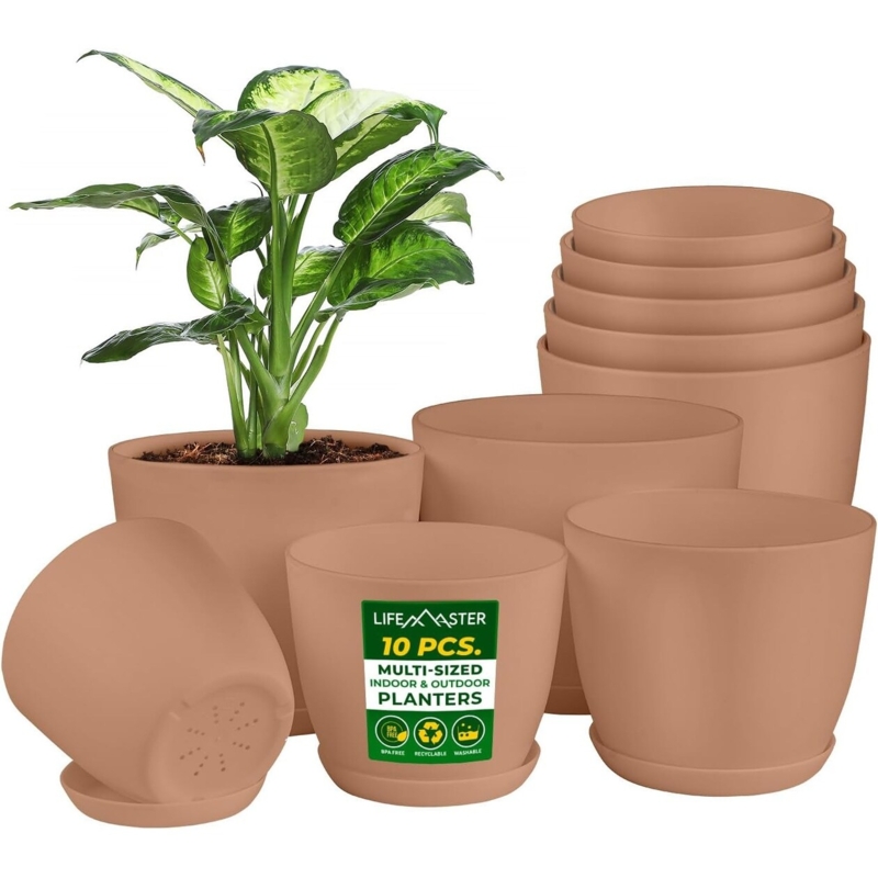 Graduated Planter Set of Three with Matching Saucers, Matte Off-White