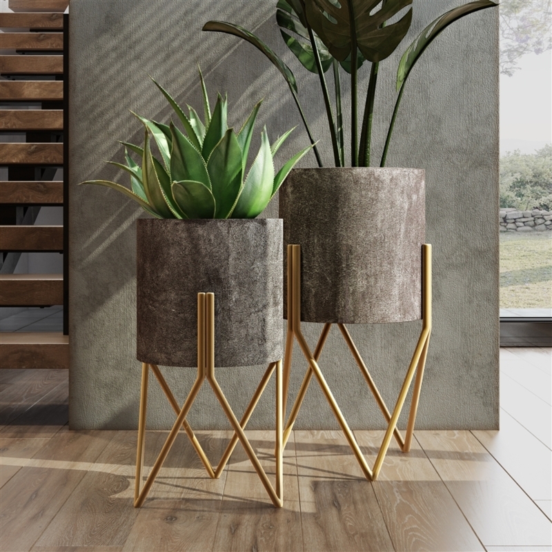 Graduated White Planter Set on Wood Tripod Stands