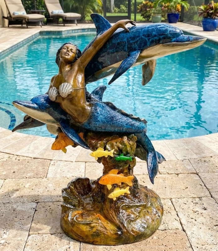 Grand Bronze Mermaid & Dolphin Outdoor Fountain, Stone Basin