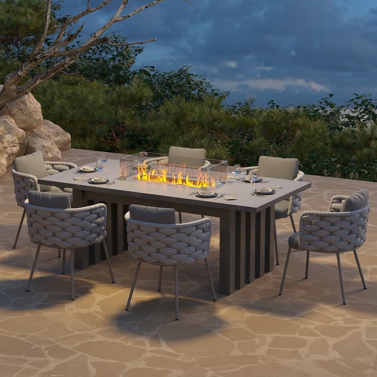 Gray Outdoor Dining Set, Rope Woven Armchairs, Integrated Fire Pit Table.