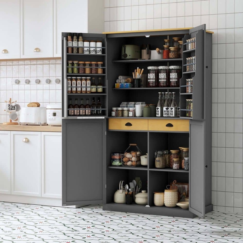 Gray Pantry Cabinet with Glass Upper Doors and Shaker Panels