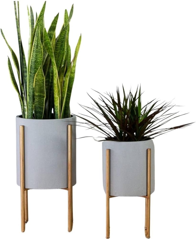 Gray Pitted Texture Planter Set on Gold Metal Tripod Stands