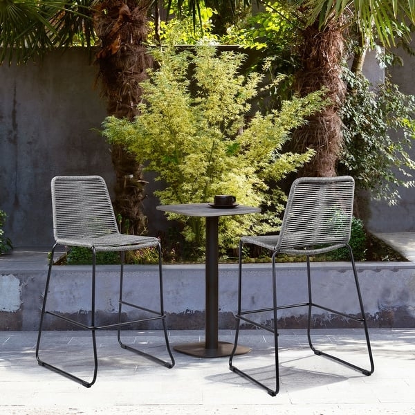 Gray Woven Rope Bar Stool Black Metal Frame Curved Back Industrial