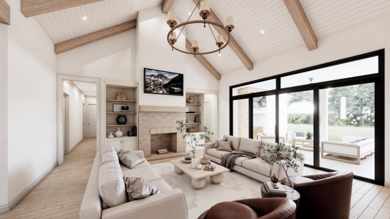 Great Room Timber Truss Ceiling, Floor to Ceiling Stone Fireplace Ideas