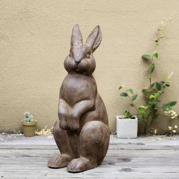 Grey Standing Rabbit Statue on Pedestal Base Garden Accent