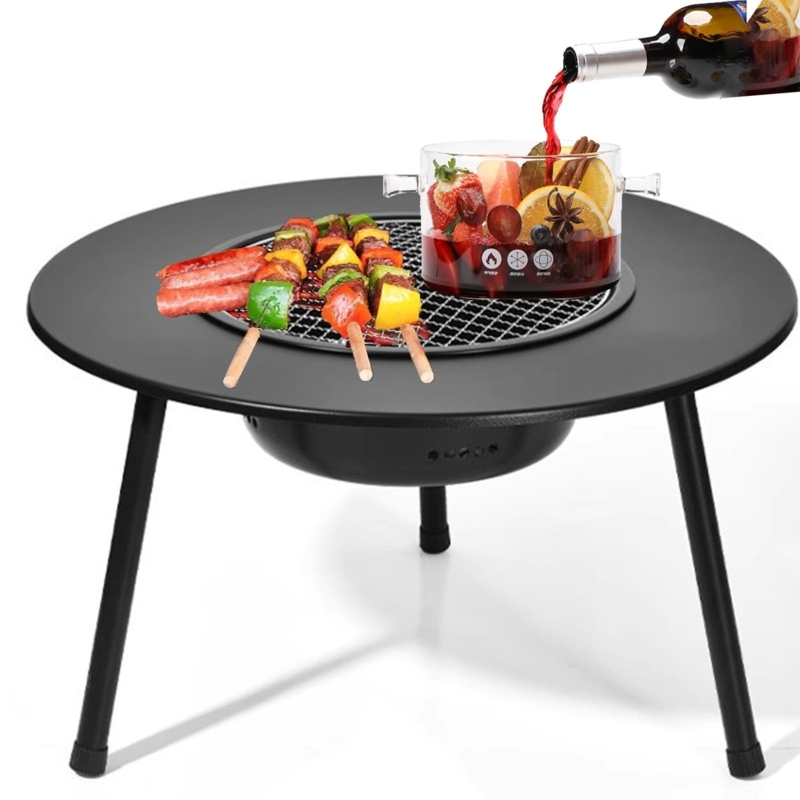 Grill Table Portable Folding Integrated Charcoal Stove Wood Toned Top