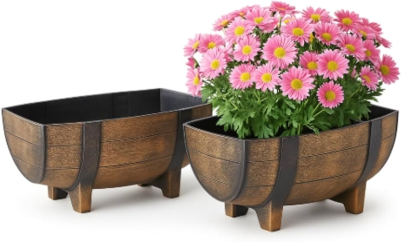 Half Barrel Planter Faux Weathered Wood Set with Black Decorative Banding