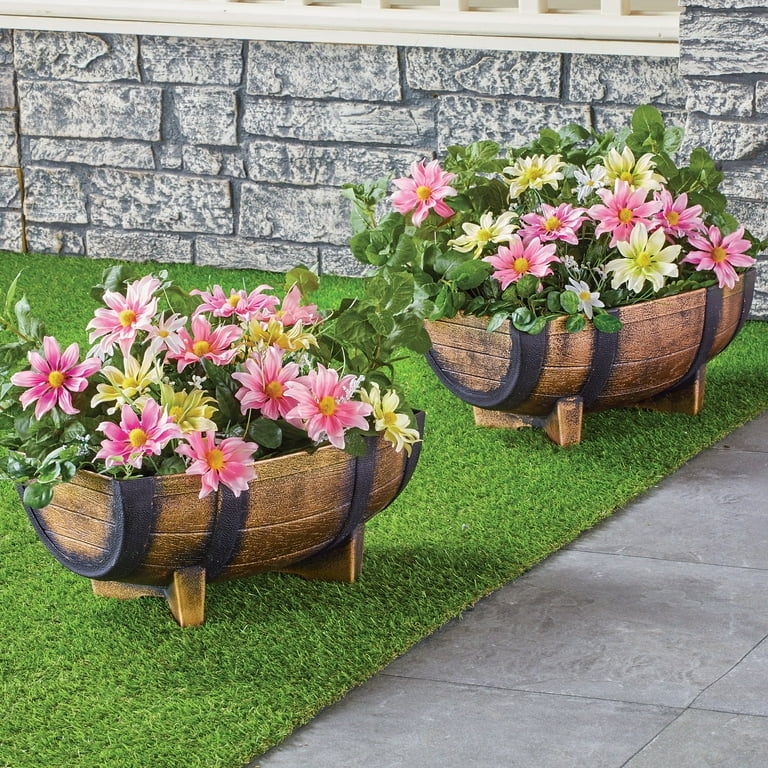 Half Barrel Planter Set Rustic Wood with Scalloped Edge and Flat Back