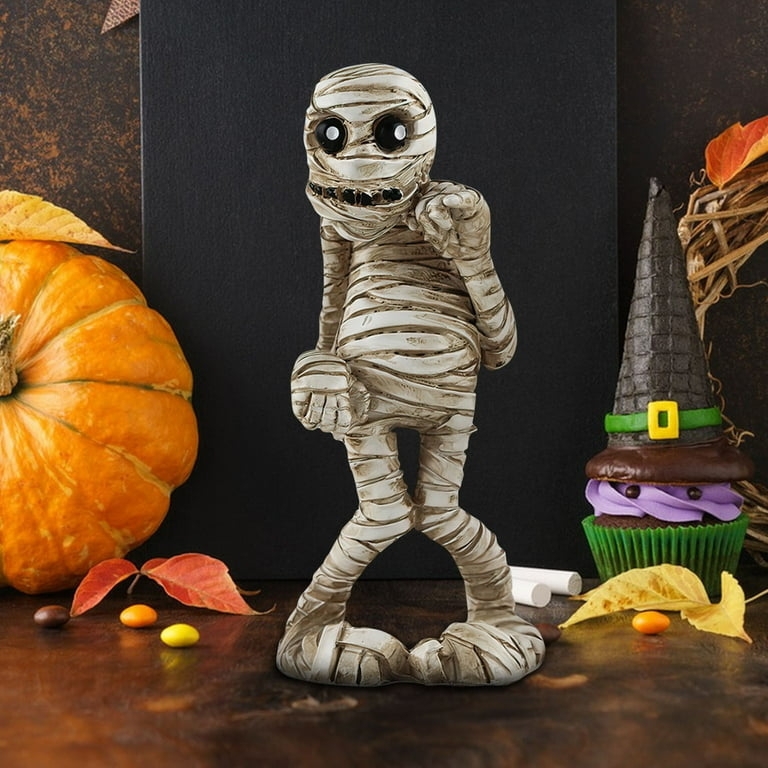 Halloween Figurine Mummy with Pumpkin Bucket, Bandaged Texture, Spooky Cute