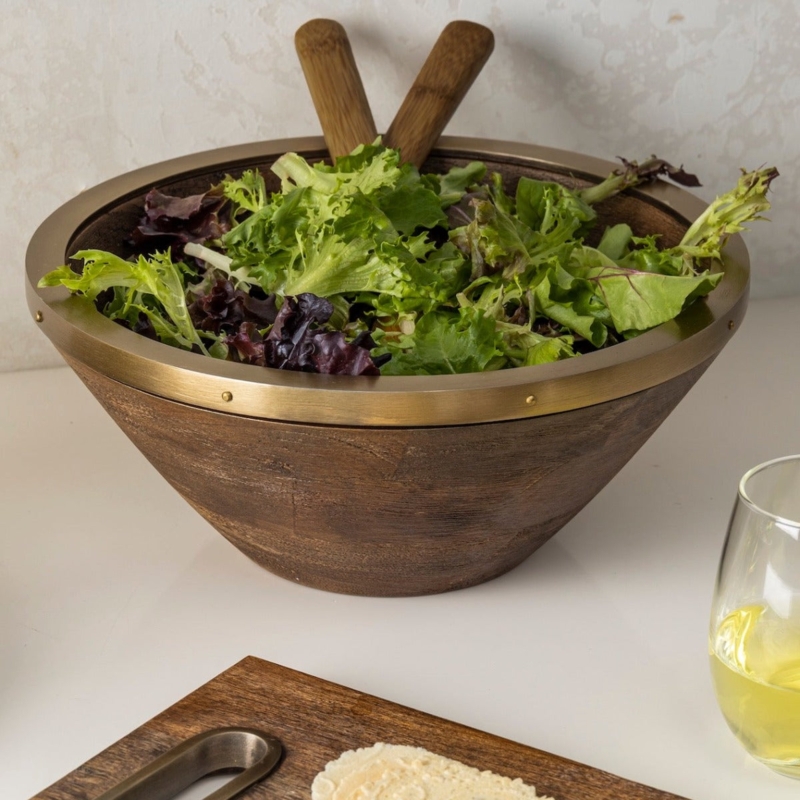Hammered Metal and Wood Serving Bowls, Rustic Contemporary Nesting Set