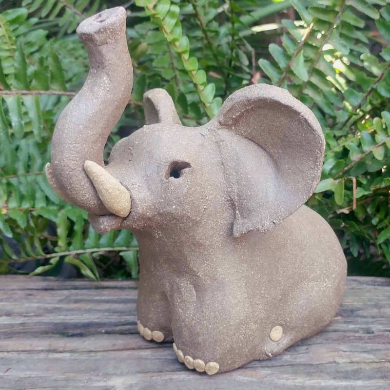 Hand-Modeled Terracotta Clay Elephant Garden Statue