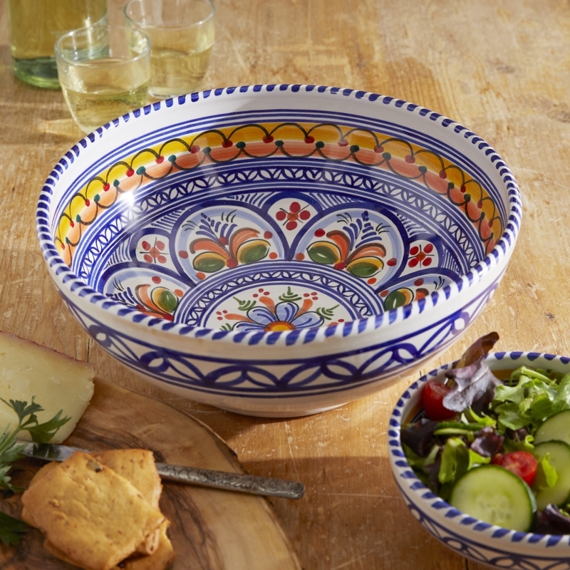 Hand-Painted Ceramic Serving Bowl Mediterranean Floral Pottery
