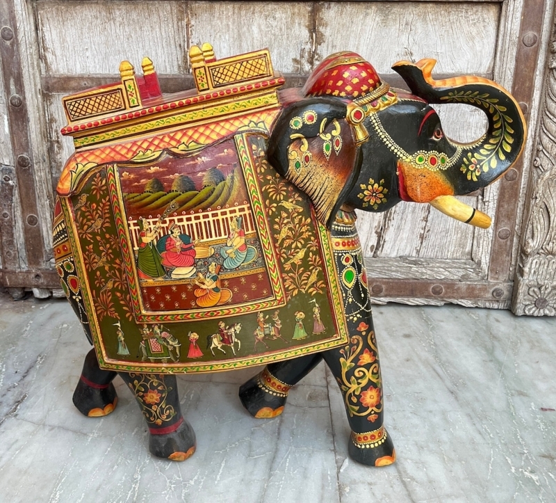 Hand-Painted Elephant Figurine with Floral Mughal Motifs