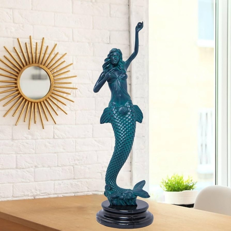 Handcast Bronze Mermaid Statue with Scaly Texture, Curled Tail