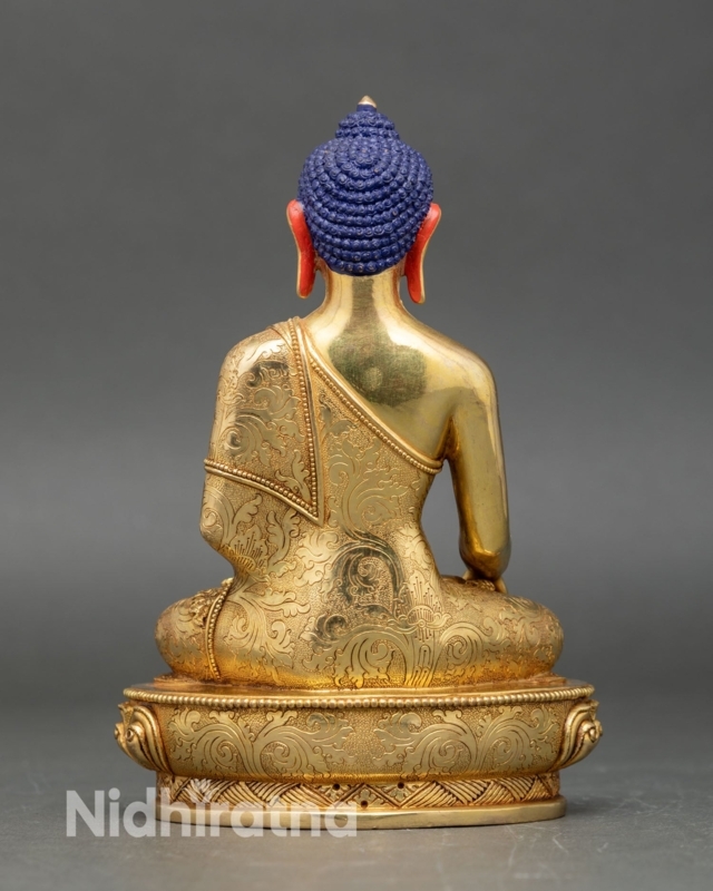 Handcrafted Gold Buddha Statue with Filigree Robes & Detailed Back View