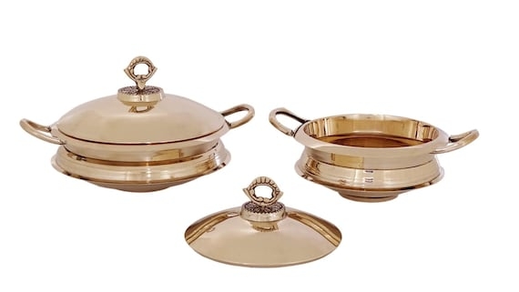 Handcrafted Metal Serving Bowl Set with Matching Lids