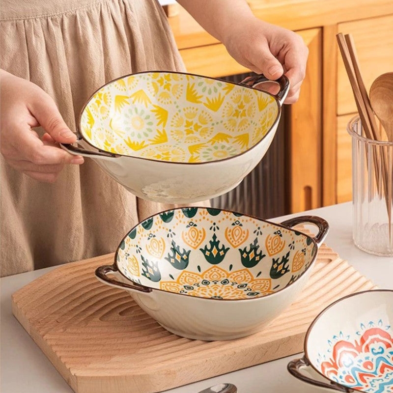 Handled Ceramic Bowl, Lemony Yellow Glaze for Rustic Tabletop Decor