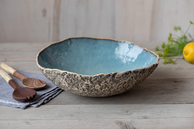 Handmade Ceramic Salad Bowl Cobalt Glaze Organic Rim Low Profile