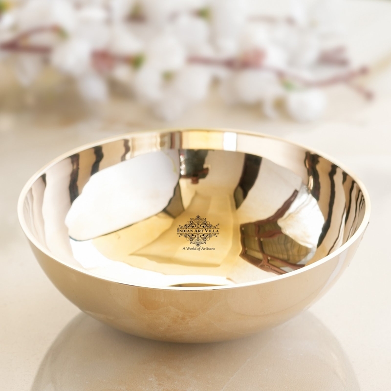 Handmade Kansa Serving Bowl, Brushed Metal Rolled Rim