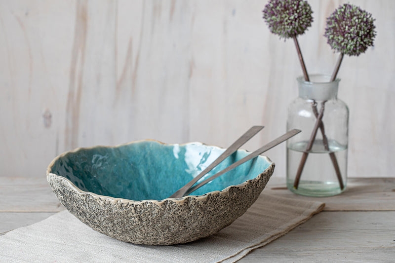 Handmade Turquoise Ceramic Serving Bowl Organic Rim Pottery
