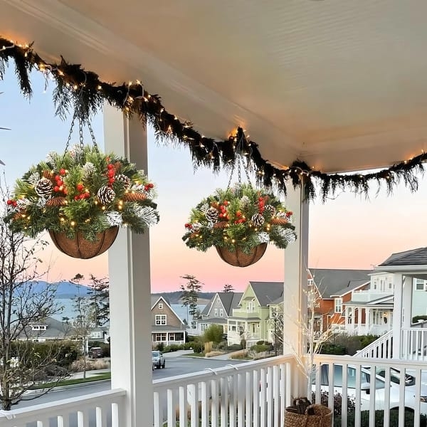Hanging Basket Pre Lit Design Frosted Evergreen Mix Red Berries Decor