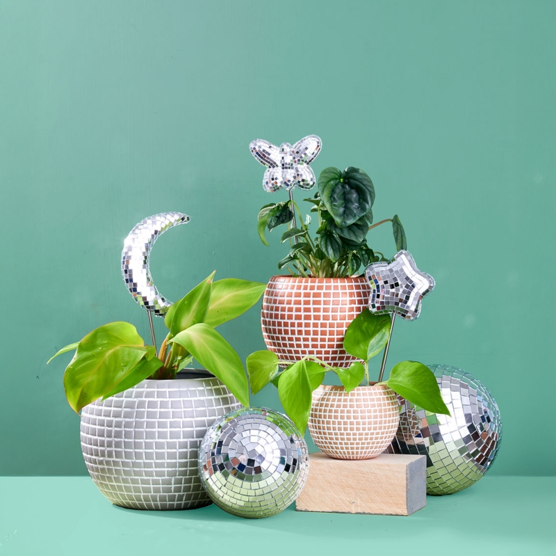 Hanging Planter Disco Ball Form Mirrored Mosaic Finish Retro Glam Decor