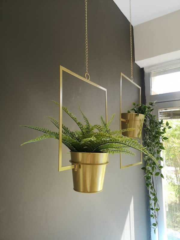 Hanging Planter Gold Geometric Square Frame with White Pot