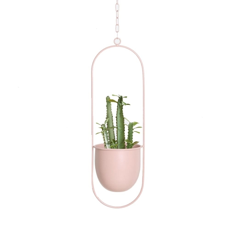 Hanging Planter Pill Shaped Pink Metal Frame Minimalist Silhouette