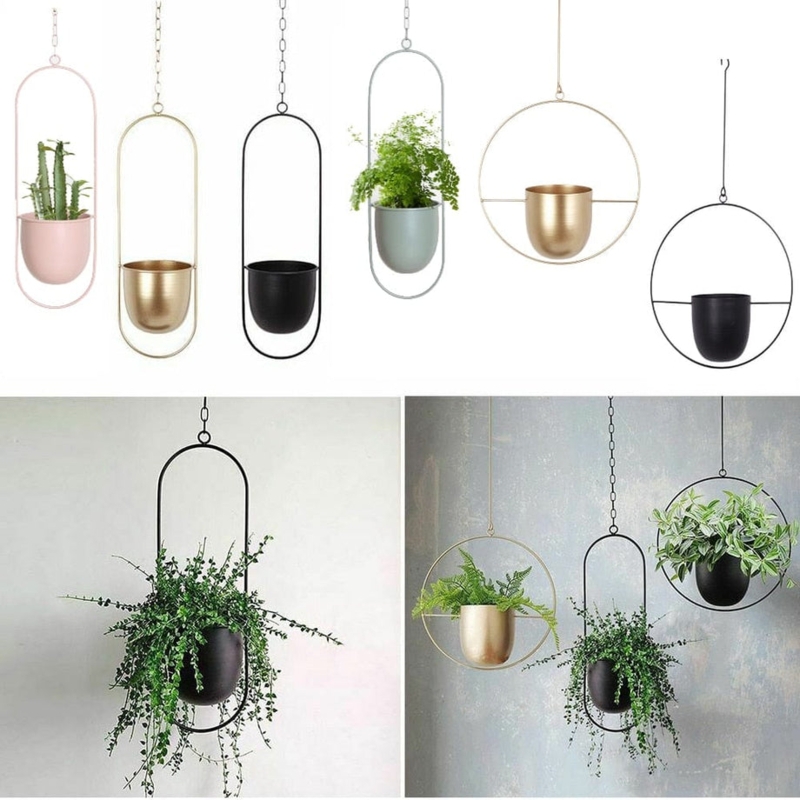 Hanging Planter Set with Circular Frame in Matte Black, Modern Boho Pots