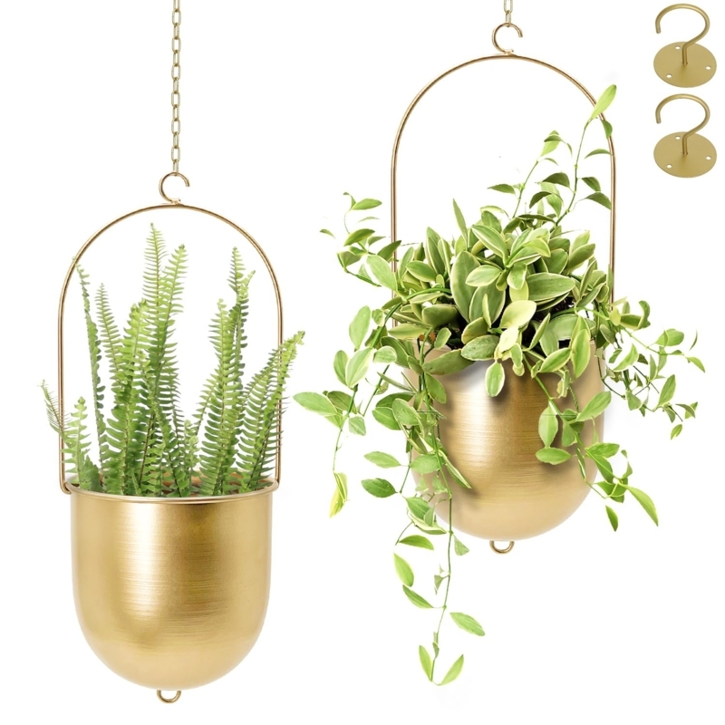 Hanging Planter Set with Gold Metal Finish, Boho Geometric Window Hangers
