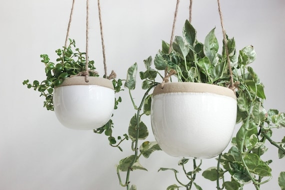 Hanging Planter Two-Tone Glazed Pot with Leather-Like Suspension and Beads