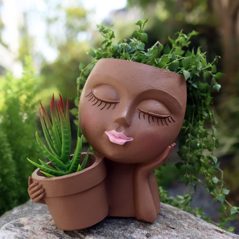 Head Planter, Sculptural Face with Gold Jewelry Accents for Boho Decor