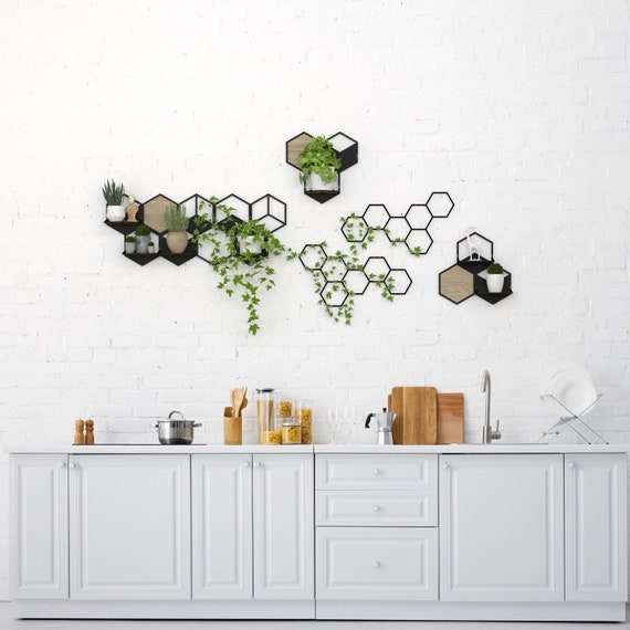 Hexagonal Wall Planter Set, Gold Metal, Wood Base, Honeycomb Design