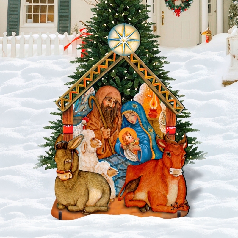 Holiday Decoration, Wooden Slat Tree, Nativity Cutout, Rustic