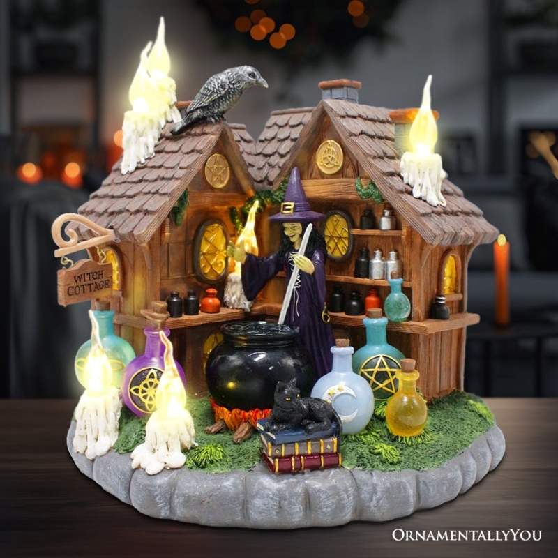 Holiday Figurine Lighted Witch Cottage, Bubbling Cauldron, Thatched Roof