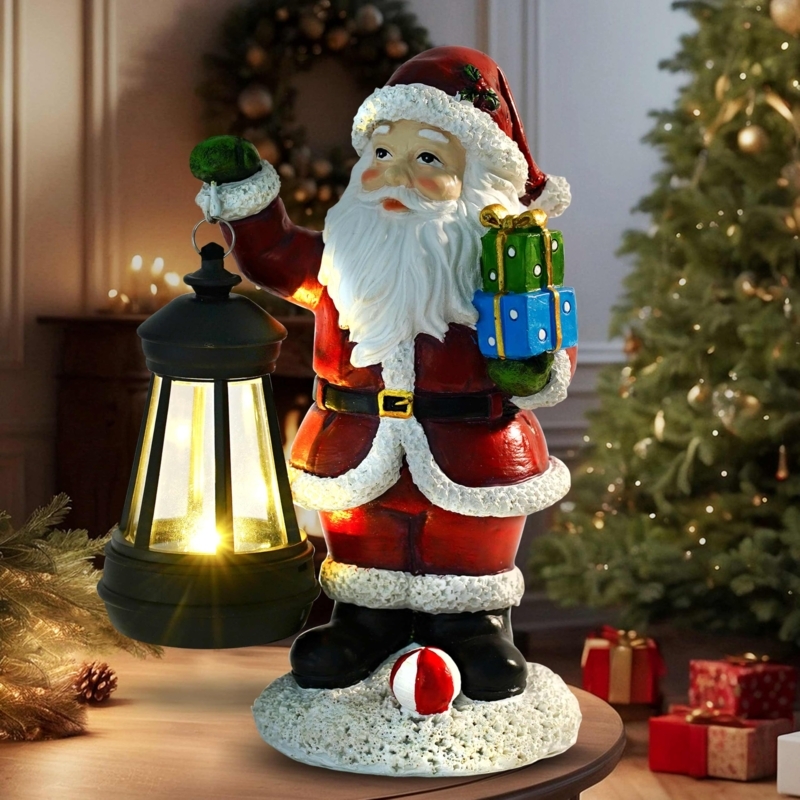 Holiday Figurine with Lit Lantern, Faux Fur Trim, Traditional