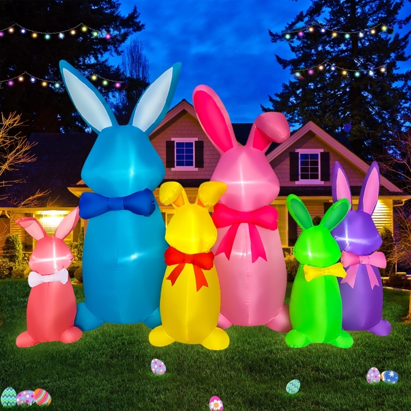 Holiday Inflatable 8 Foot Height Bunny, Internal LEDs, Multi-Prop Base